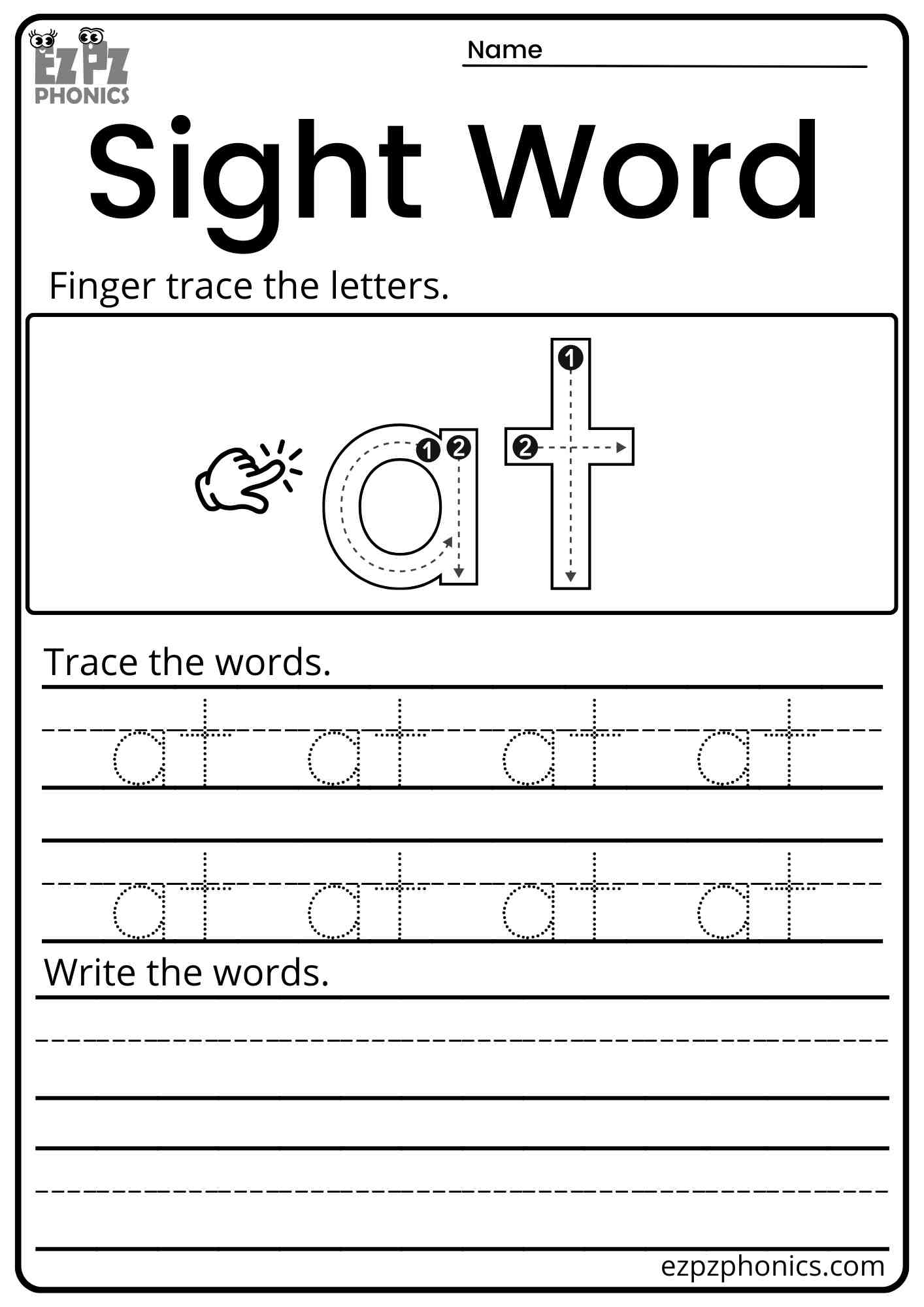 "At" Dolch Kindergarten Sight Word Trace and Write Worksheet PDF Download